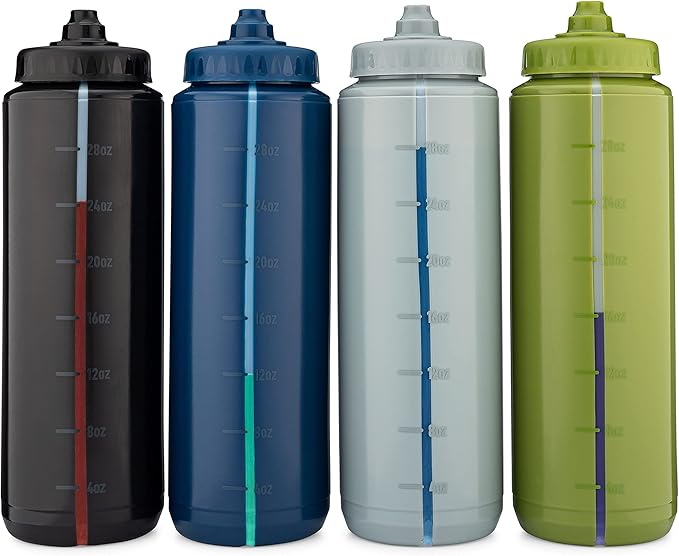 Hydra Cup Sport [4 Pack] 32 oz Squeeze Water Bottles, Fast Flow Sports Water Bottle, Bike & Cycling Water Bottle, Travel To Go, BPA Free (Dark Colors)
