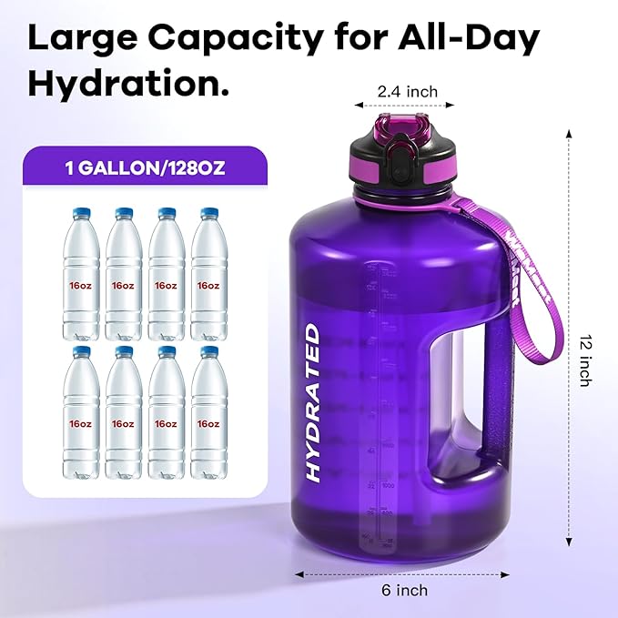 Leakproof Water Bottle Motivational with Straw & Strap, BPA Free, 128 oz Gym Water Bottle with Time Marker, Water Jug for Outdoor Enthusiasts (Purple Blue)