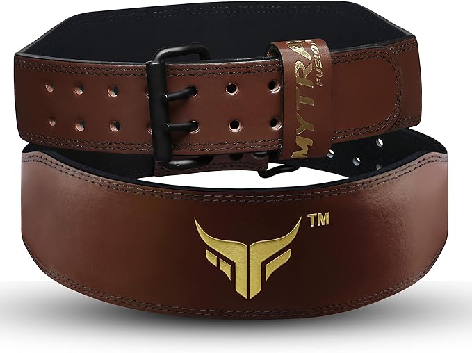 Mytra Fusion Weight Lifting Belt Double Prong Buckle Power Lifting Back Support Belt 100% Leather Gym Belts for Weightlifting Weight Lifting Belts for Men Women, Powerlifting, Strength Training
