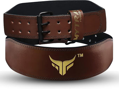 Mytra Fusion Weight Lifting Belt Double Prong Buckle Power Lifting Back Support Belt 100% Leather Gym Belts for Weightlifting Weight Lifting Belts for Men Women, Powerlifting, Strength Training