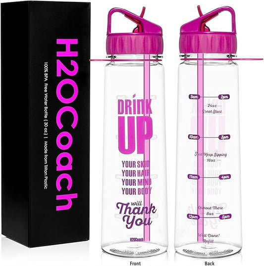 H2OCOACH Motivational Hydration Water Bottle, Fitness Sports Tritan Bottle with Straw, Gym Workout Reminder for Better Hydration Water Intake with Time Marker and Measurements, BPA-Free (30 Oz)