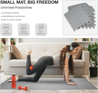 AIRHOP 18 Tiles Gym Floor Mat, EVA Foam Puzzle Gym Mat, High-Density Interlocking Foam Floor Tiles for Home Gym, Play Workout Garage Kitchen Flooring