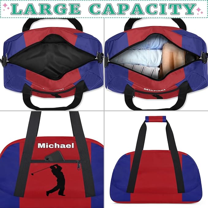 Custom Name Sports Duffel Bag Boys, Personalized Sportsman Training Bag Travel Weekender Tote Carry-On Fitness Workout Bag, Golf Silhouette