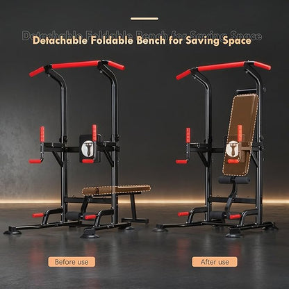 SogesHome Multi-Function Power Tower Pull Up Bar Dip Station, Home Gym Adjustable Height Fitness Workout Equipment with Foldable Dumbbell Stool, 330LB Capacity for Push-Ups, Sit-Ups, Strength Training
