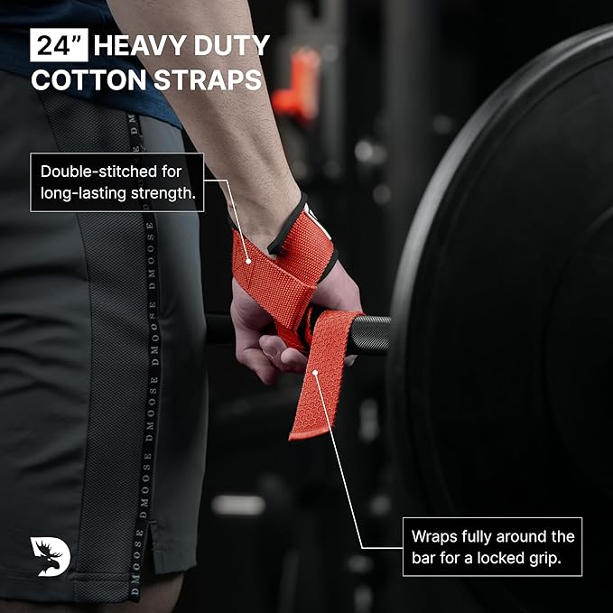 DMoose Fitness Lifting Straps 24" (Pair) - 5mm Padded Durable Wrist Straps for Weightlifting & Powerlifting - Cotton Lifting Strap with Silicone Grip for Men & Women - Deadlift Strap for Gym Workout