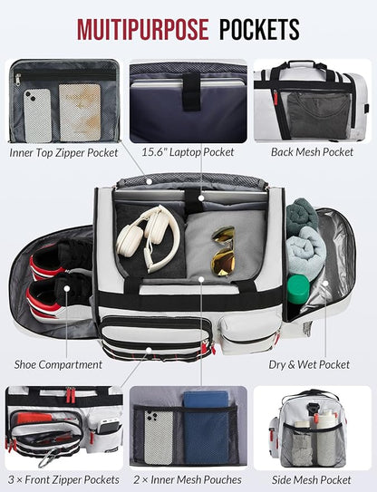 Gym Bag for Men Women with Shoes Compartment 3-in-1 Sports Travel Duffel Bag Multipurpose Weekender Overnight Backpack with Wet Pocket - Grey