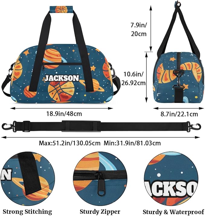 Personalized Basketball Gym Duffel Bags for Kids Boys with Custom Name Sport Travel Bags for Overnight Weekender Training, Blue Space