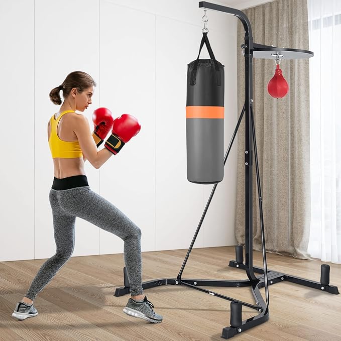 Goplus Punching Bag with Stand for Adults, Free-Standing Heavy Bag Stand with Height Adjustable Speed Bag for Boxing, Sandbag Rack Bracket Station for Home Gym Workout Fitness, Holds up to 220LBS