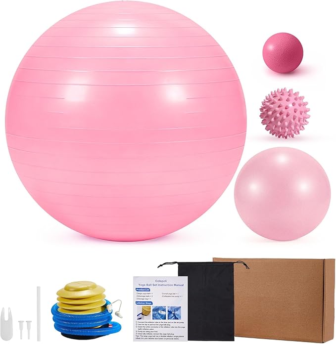 4Pcs Yoga Ball Set includes Large and 9in Pilates Balls, Massage & Spiky Ball for Fitness ,Anti-Burst Exercise Ball with Pumb for Pregnancy,Physical Therapy,Office Chair, Home Workout,3Sizes,3Colors