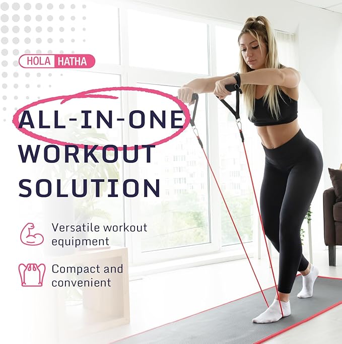 HolaHatha Resistance Band Fitness Set - 100-Pound Max, Home Gym Workout Kit with 5 Bands, Handles, Ankle Loops, Door Anchor, & Carry Bag