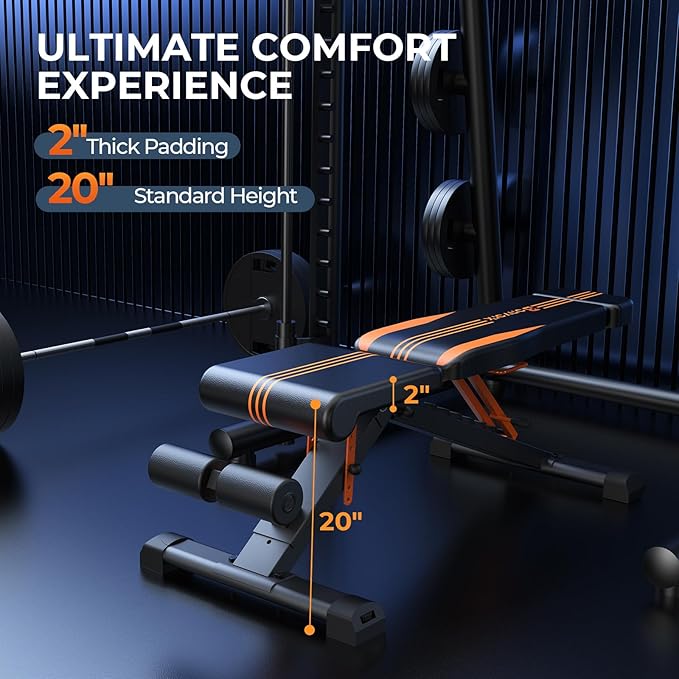 Adjustable Weight Bench, Foldable Incline Decline Flat Workout Bench Press with Extended Backrest, 80x40MM Heavy-Duty Steel Dumbbell Bench for Home Gym Full Body Strength Training