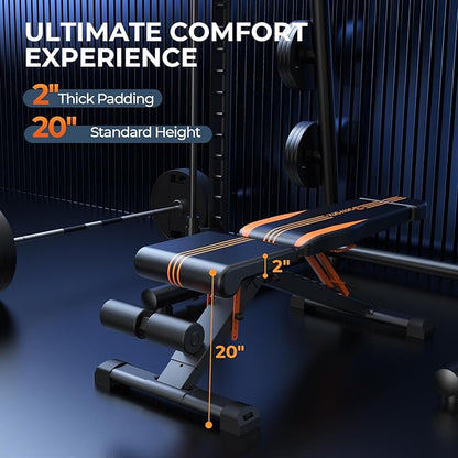 Adjustable Weight Bench, Foldable Incline Decline Flat Workout Bench Press with Extended Backrest, 80x40MM Heavy-Duty Steel Dumbbell Bench for Home Gym Full Body Strength Training