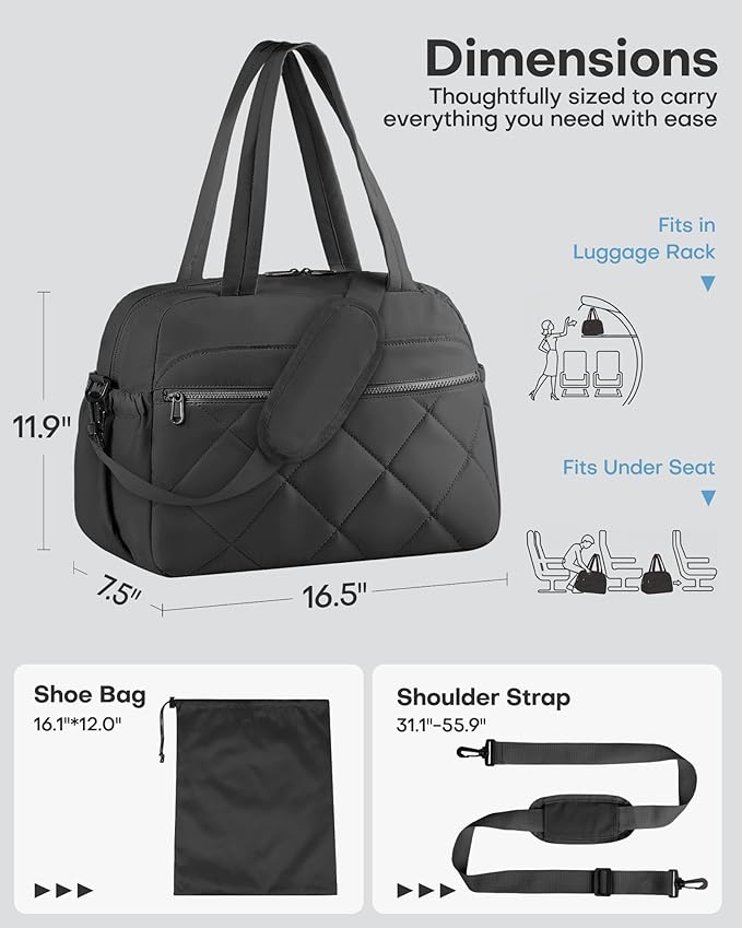 HOTOR Gym Bag for Women - Lightweight Travel Duffle Bags with Wet Pocket & Separate Shoe Bag, Multi-Pocket Carry on Weekender Duffel for Sports, Fitness, Overnight Trip, Black, 16.5" x 7.5" x 11.9"