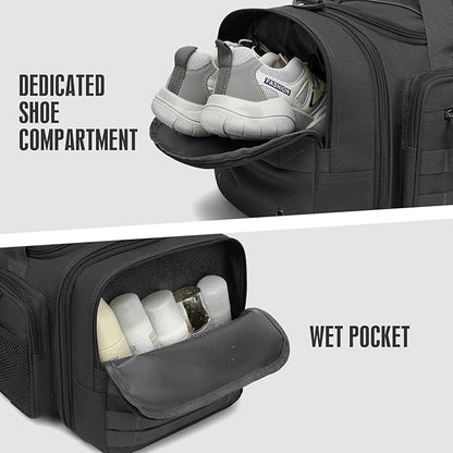 3 in 1 Tactical Gym Bag Backpack for Men 40-45L Expandable Travel Duffle Bag for Women Large Military Sport Duffel Bags Weekend Overnight with Shoe Compartment & Wet Pocket for Fitness, Black