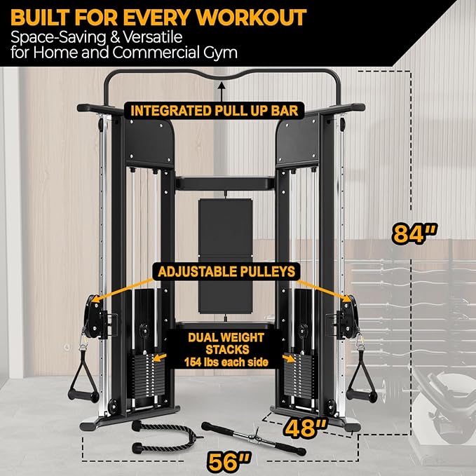 Functional Trainer Cable Machine Home Gym Exercise Equipment - Adjustable Pulley System: Ultimate Workout Equipment for Full-Body Strength, Flexibility & Balance - Dual Weight Stacks Fitness Training