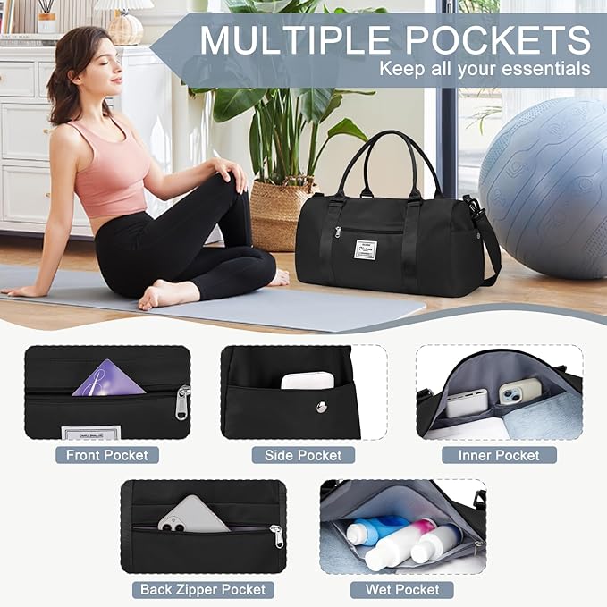 Gym Bag for Women with Shoes Compartment Small Duffel Bag Sport bag with Toiletry Bag Overnight Travel Tote Bags Weekender Carry on Personal Item Bags for Airlines Black