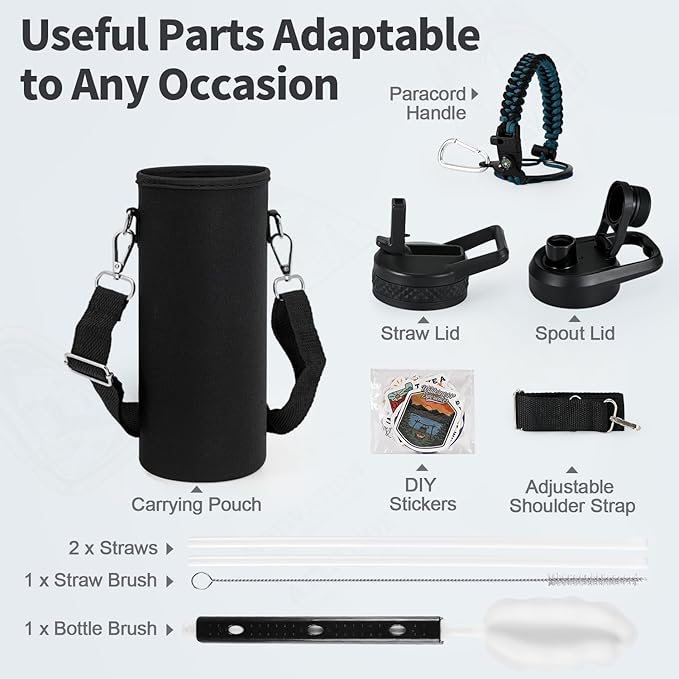 20 oz Insulated Water Bottle with Straw (Cold for 24 Hrs), Stainless Steel Triple Wall Vacuum Sports Water Jug, Leakproof Hydro Cup Flask with Paracord Handle & Straw Spout Lids & DIY Stickers