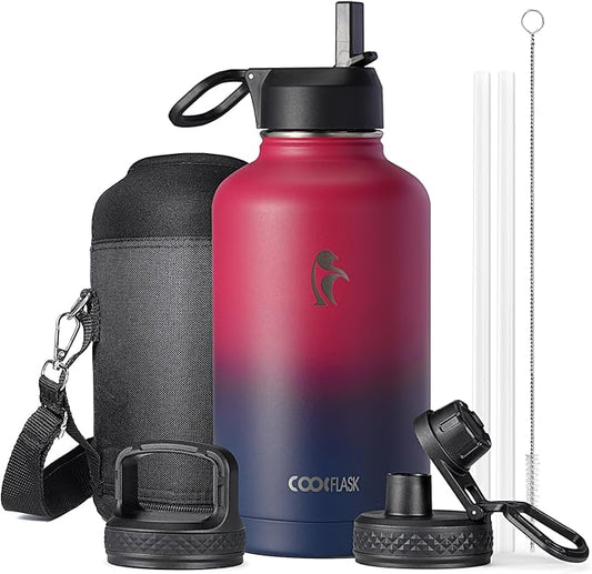 Half Gallon Water Bottle Insulated with Straw & 3 Lids, Coolflask 64 oz Water Jug Large Metal Stainless Steel Wide Mouth for Sports, Gym or Office, Non-BPA Keep Cold 48H Hot 24H, Ombre Wine/Navy