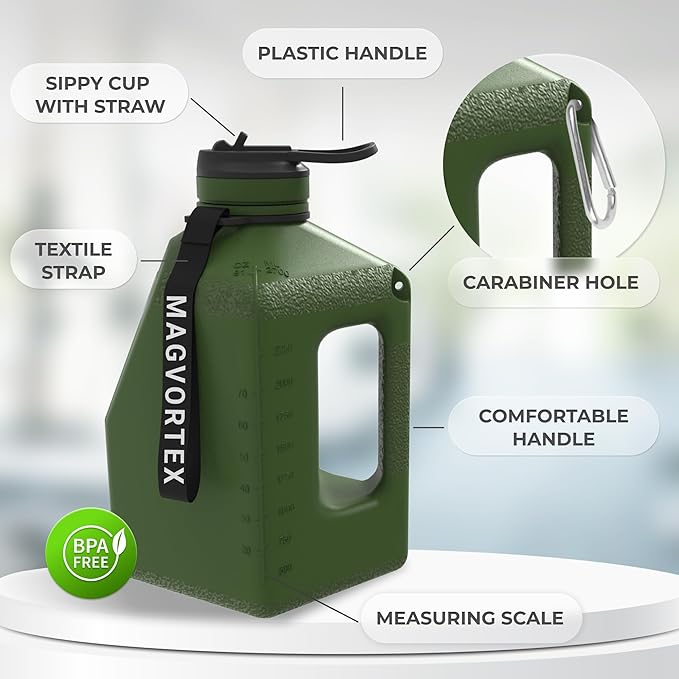 Magvortex Water Bottle 91oz, 2.7 liters BPA-Free Plastic, Magnetic Phone Holder, Wide Mouth, Leakproof Flip-Top Lid, Large Daily Intake Chug Bottle for Hydration, Gym, Hiking & Daily Use