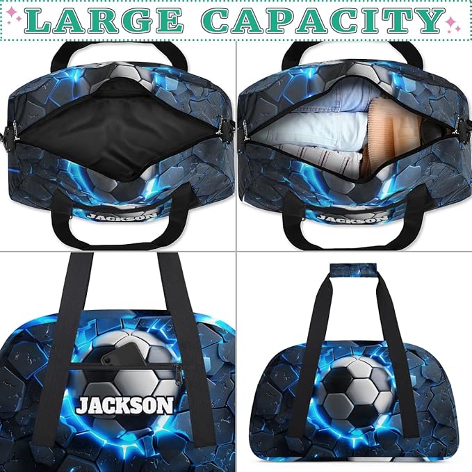 Personalized Soccer Gym Duffel Bags for Kids Boys with Custom Name Sport Training Travel Bags for Overnight Weekender, Dark Blue