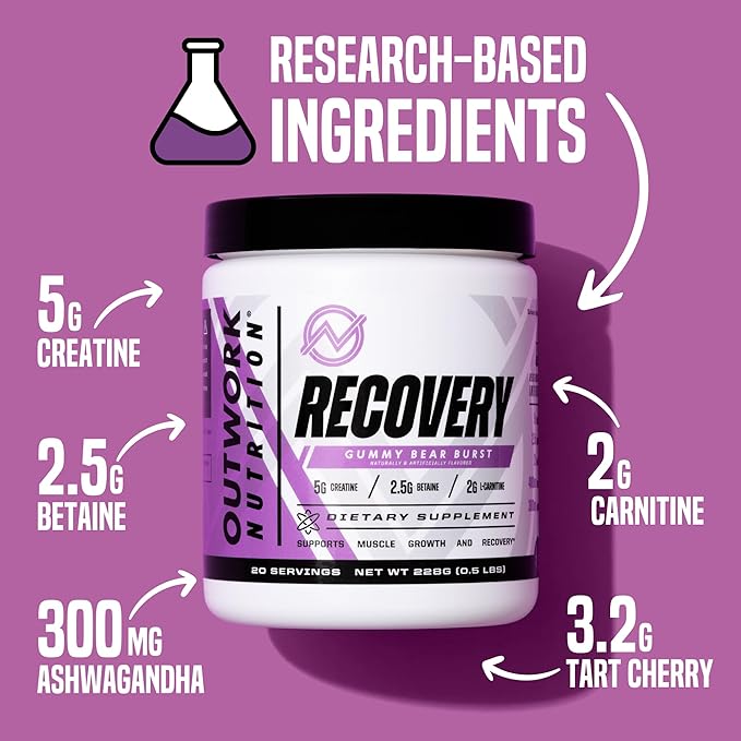 Outwork Nutrition Post Workout Recovery Powder - Creatine Monohydrate, KSM-66 Ashwagandha & Tart Cherry - Speeds Recovery, Eases Soreness - Creatine Powder for Men & Women, Gummy Bear Burst, 230 Gr