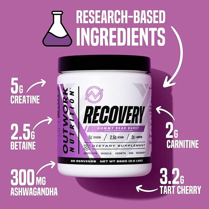 Outwork Nutrition Post Workout Recovery Powder - Creatine Monohydrate, KSM-66 Ashwagandha & Tart Cherry - Speeds Recovery, Eases Soreness - Creatine Powder for Men & Women, Gummy Bear Burst, 230 Gr