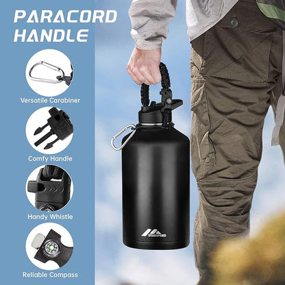 StarSpeed One Gallon Insulated Water Bottle with Straws & 2 Lids, 128oz Stainless Steel Double Walled Vacuum Water Jug, Large Wide Mouth with Paracord Handle for Gym Camping Hiking, Black