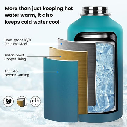 Insulated Water Bottle 64 oz, Triple Wall Vacuum Stainless Steel(Cold for 48 Hrs),Leak Proof & BPA-Free,Half Gallon Water Bottle with Reflective Paracord & Flip Straw for Sports & Travel, Black