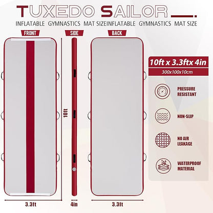 Tuxedo Sailor Inflatable Gymnastics Mat with Electric Pump, Storage Bag, Repair Kit–Air Mat for Home Training, Cheerleading, Yoga