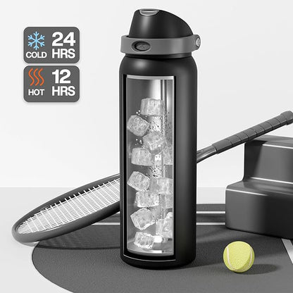 POWCAN 40 oz Insulated Water Bottle for Men: Push-Button Spout & Quick-Flip Straw, Leakproof, Cold for 24 Hrs, Stainless Steel Large Water Bottle for Sports, Camping, Trips, Outdoors (Midnight Black)