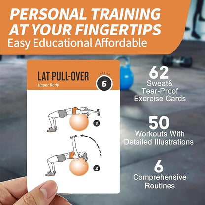 Stability Ball Workout Cards, 62 Exercises Cards Deck Large Size 5" x 3.5" Fitness Cards for Women & Men, Beginner Fitness Guide to Training Exercises at Home or Gym