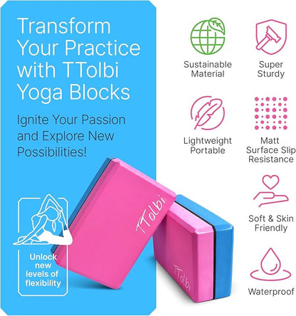 Yoga Blocks 2 Pack with Strap & Guide – Non-Slip EVA Foam Pilates Blocks for Home Workouts, Dance, Ballet, Gymnastics & Stretching Exercise | Ideal Dancer Gifts