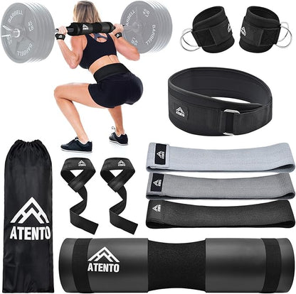 ATENTO 10Pcs Barbell Pad Set with Weight Lifting Belt, Thick Cushion Hip Thrust Pad for Bench Press, Lunges, Workout, Leg Exercise, Squat Bar Pad for Relief Pressure from Neck & Shoulder for Smith machine & Olympic Bars, with 2 Gym Ankle Straps, Hip Re...