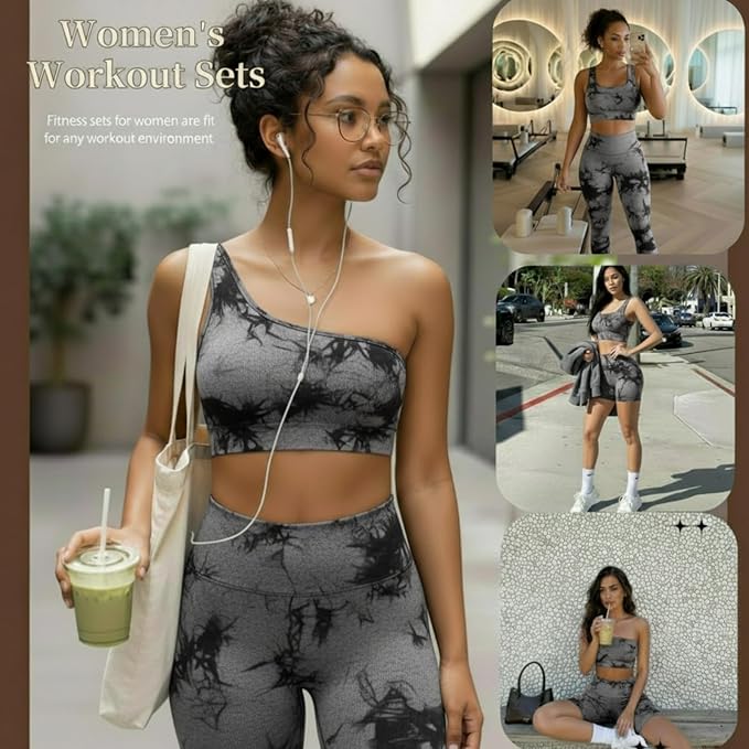 4 Pcs Women's Workout Sets Pilates Exercise Outfit Ribbed Scoop Neck Sports Bra Shorts Leggings Gym Clothes Set