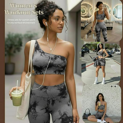 4 Pcs Women's Workout Sets Pilates Exercise Outfit Ribbed Scoop Neck Sports Bra Shorts Leggings Gym Clothes Set