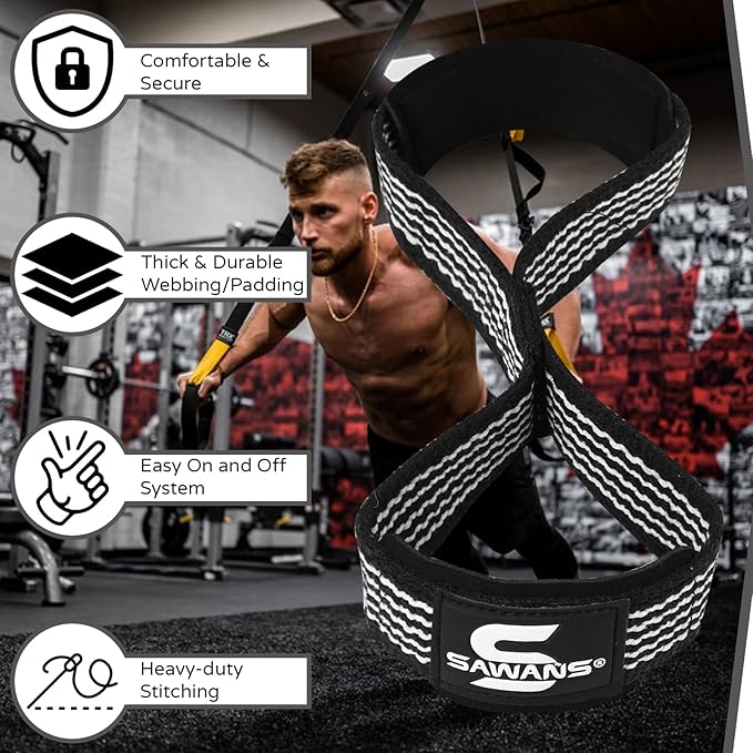 SAWANS Lifting Straps Padded Grip Figure 8 Wrist Straps Weight Heavy Duty Double Loop Bodybuilding Training Gym Straps Hand Bar Non Slip Deadlift Support Strong Cuffs Powerlifting