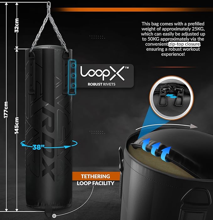 RDX Heavy 5FT Punching Bag for Pro Training, 55lbs Pre Filled with 110lbs Max Filling Capacity, 3PC Boxing Bag Set with Gloves Hanging Steel Chain, Kickboxing MMA Muay Thai BJJ Karate Home Gym Fitness