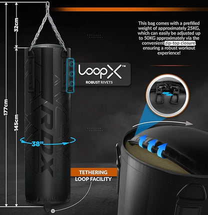 RDX Heavy 5FT Punching Bag for Pro Training, 55lbs Pre Filled with 110lbs Max Filling Capacity, 3PC Boxing Bag Set with Gloves Hanging Steel Chain, Kickboxing MMA Muay Thai BJJ Karate Home Gym Fitness