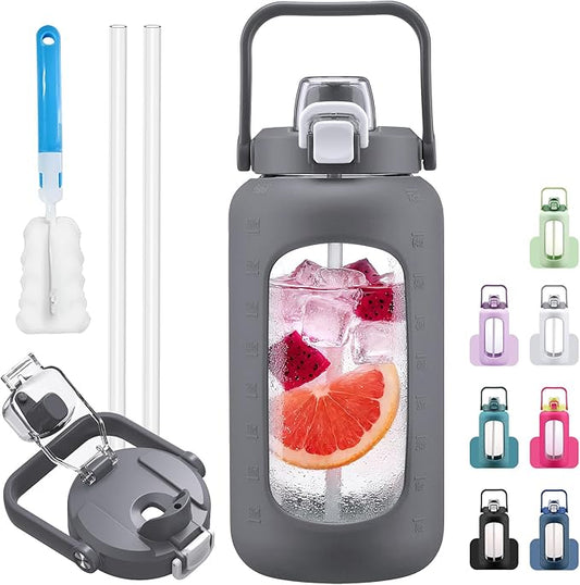 72oz Glass Water Bolttles, 3-in-1 Straw and Sip Spout Handle Lid, Half Gallon Water Bottle with Time Marker and Silicone Sleeve, BPA-Free Sports Water Bottle for Gym, School, Grey