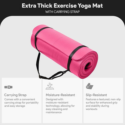 BalanceFrom 71x24 Inches Extra Thick Yoga Mat 1-Inch High-Density Foam – Roll-Up Exercise Pad with Double-Sided Non-Slip Surface and Carrying Strap for Pilates and Home Workouts, Multiple Colors