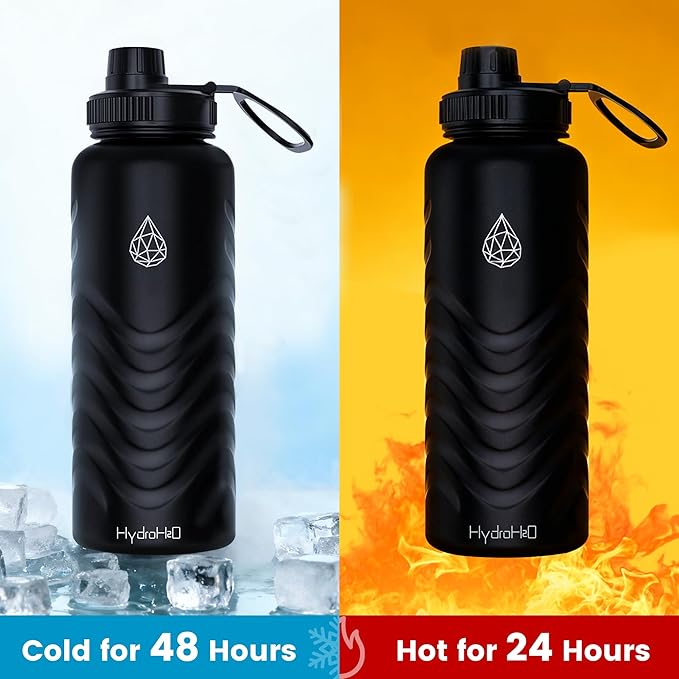 24oz Stainless Steel Insulated Water Bottle, 48H Cold & 24H Hot, Leak-Proof Wide Mouth Lids (Straw & Spout), BPA-Free Bottles, Mens Water Bottle for Gym, Hiking, Travel - Black