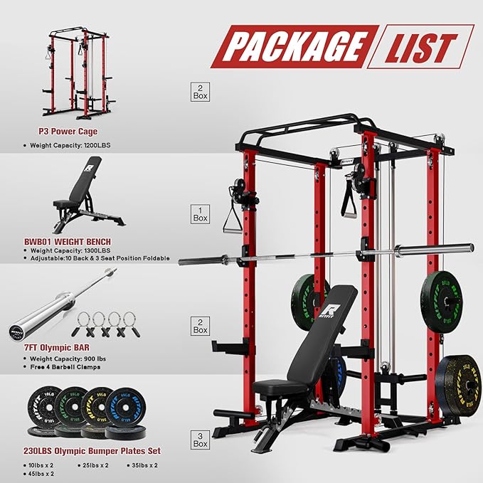 RitFit Multi-Function Garage & Home Gym Package Includes 1200LBS Power Cage PPC03/P3 with Cable Crossover System, Weight Bench, Olympic Barbell Weight Set, Full Body Workout