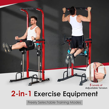 SogesGame Power Tower pull up dip station,Multi Function Adjustable Height Pull Up Bar of Assisted Pad,Strength Training Exercise Equipment with Elastic Rope for Home Gym Workout,330 Lbs