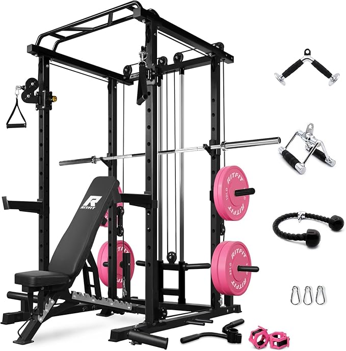 RitFit Multi-Function Garage & Home Gym Package Includes 1200LBS Power Cage PPC03/P3 with Cable Crossover System, Weight Bench, Olympic Barbell Weight Set, Full Body Workout