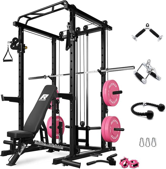 RitFit Multi-Function Garage & Home Gym Package Includes 1200LBS Power Cage PPC03/P3 with Cable Crossover System, Weight Bench, Olympic Barbell Weight Set, Full Body Workout