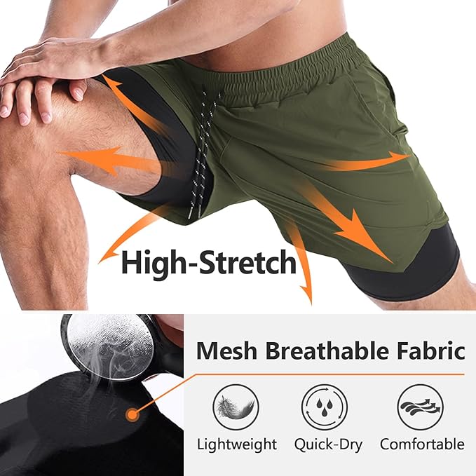 Aolesy Men's 2 in 1 Running Shorts 5" Workout Gym Athletic Shorts for Men Quick Dry Lightweight Training Shorts with Pockets