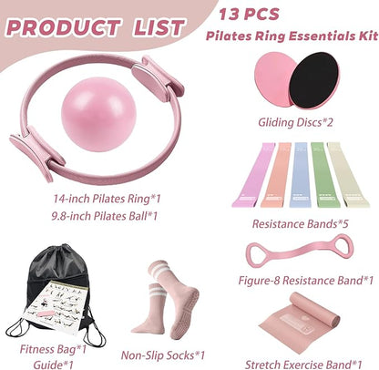 Pilates Essentials Kit for Women, Yoga Exercise Equipment Set for Home Workouts with Mini Ball, Resistance Bands, Sliding Disks & Accessories - Fitness Set for Yoga & Pilates Beginners