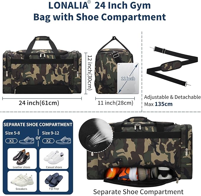 24 inch Gym Duffle Bag with Shoe Compartment - 55L Mens Gym Bag for Sport Travel Workout-Camo