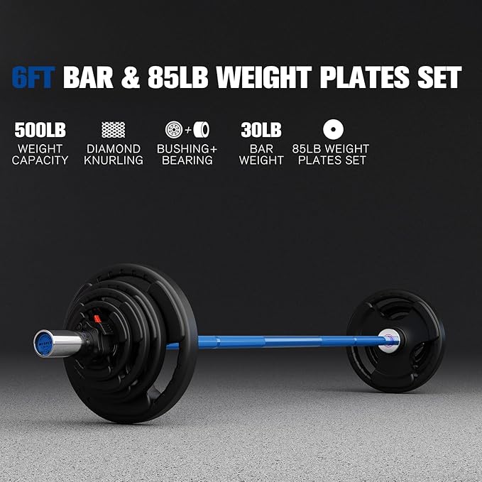 RitFit Barbell Weight Set - 4/6FT Olympic Barbell with Weight Plates (55-115LB Total) - Weightlifting Equipment for Squats, Curls, Deadlifts, Presses, Hip Thrusts