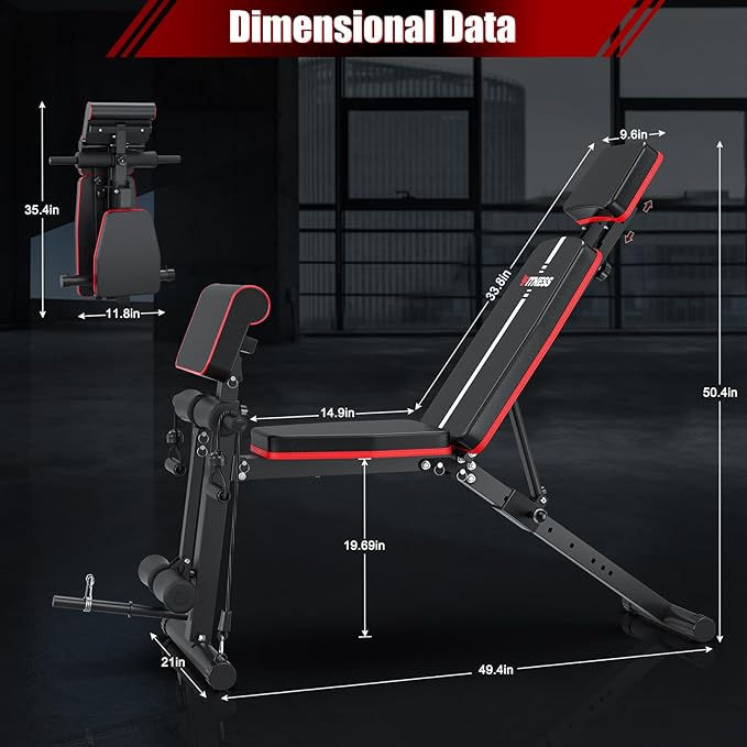 XDDIAS Adjustable Weight Bench, Workout Bench with Leg Extension and Preacher Curl Pad, Weight Bench for Home Gym, Foldable Exercise Bench, Quick Adjustment Incline Bench Press
